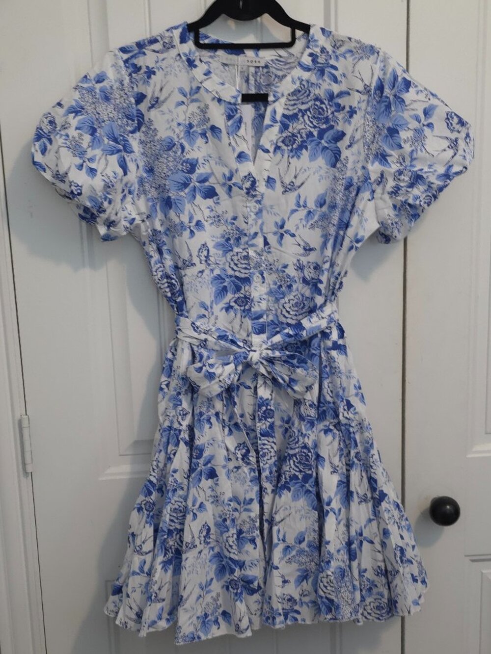 Baltic Born Mikki Blue & White Floral Puff Sleeve Cotton Mini Dress - Size L